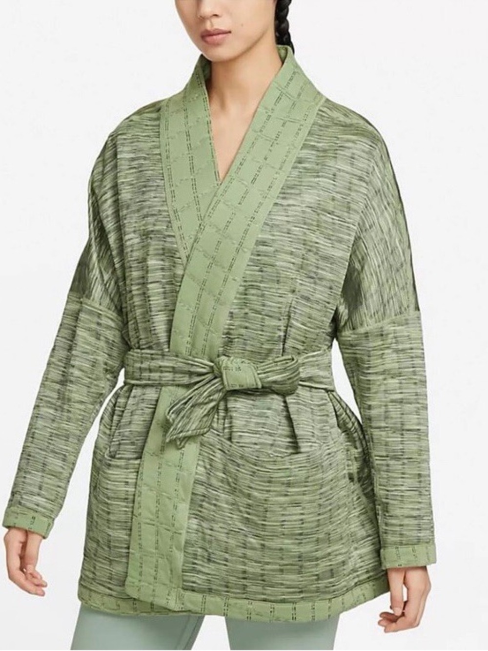 Nike Yoga Fit Reversible Olive Green Tie-Waist Therma fit Luxe Jacquard Kimono - Picture 11 of 11